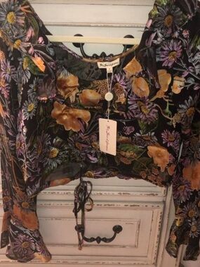 For Love & Lemons Black Floral Tie-Front Blouse with Mustard Blooms